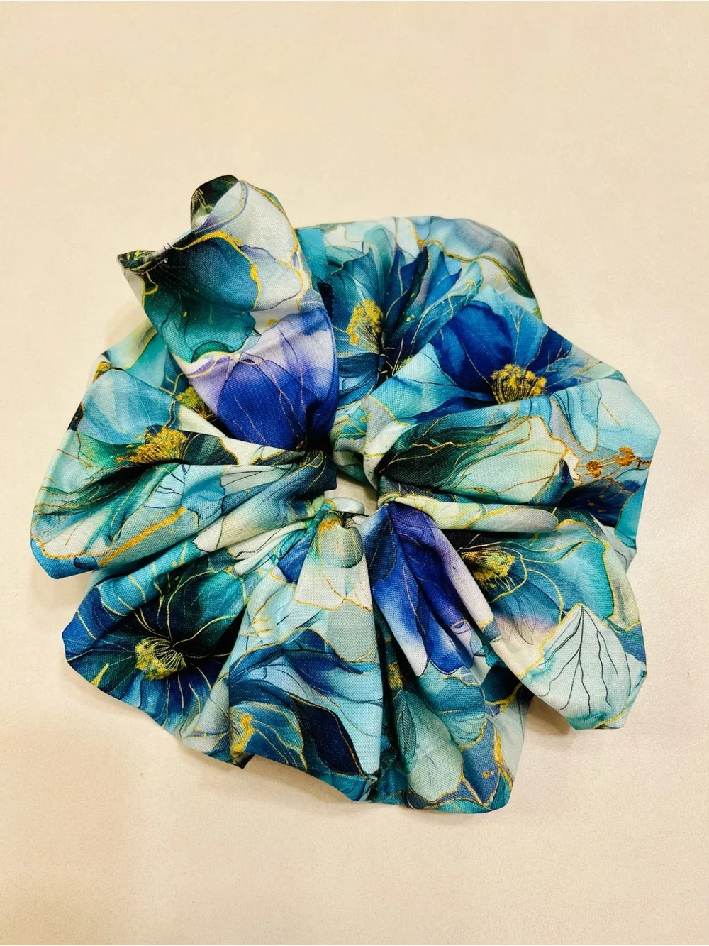 Handmade Watercolor Teal Purple Metallic Gold Floral Scrunchies